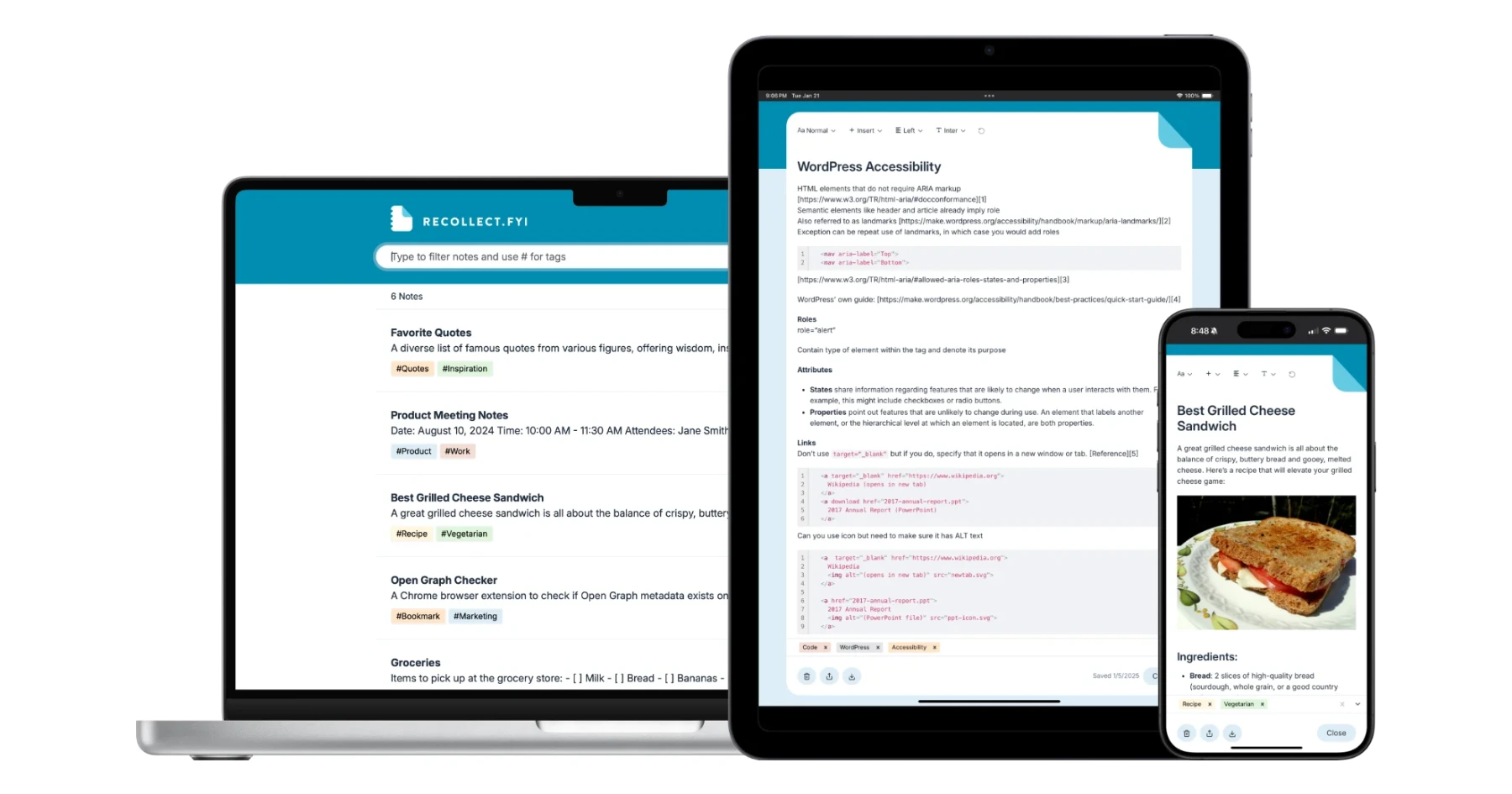 Recollect notes app running on multiple devices