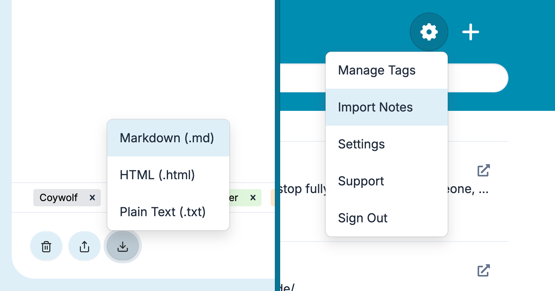Notes export and import options