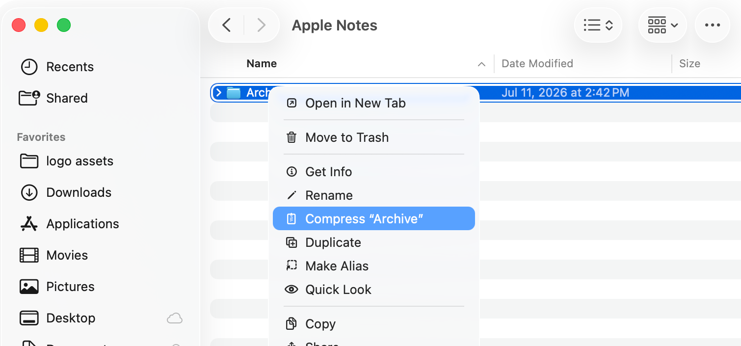 Screenshot of a macOS Finder right-click menu on a selected folder named Archive, with Compress Archive highlighted.