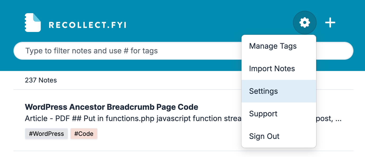 Recollect Settings Menu