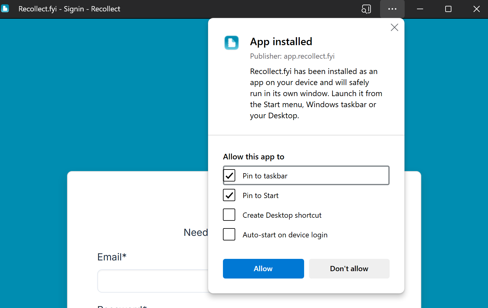 Edge browser PWA install options